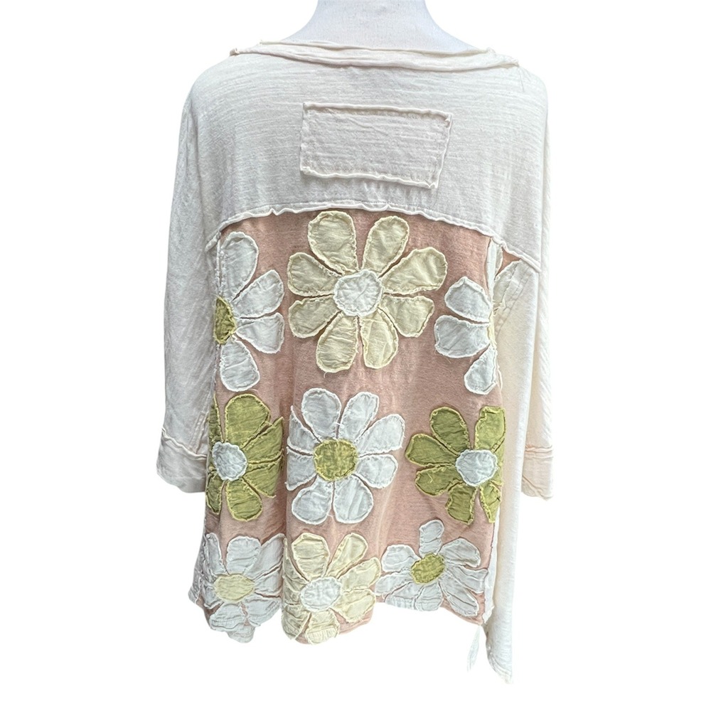 Oli & Hali Floral Applique Oversized Cotton Top Cream Peach Boho Small Hippie - Picture 7 of 13